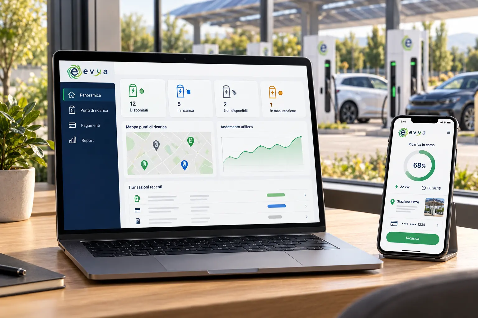 Backend e app EVYA per gestione, pagamento e report della ricarica