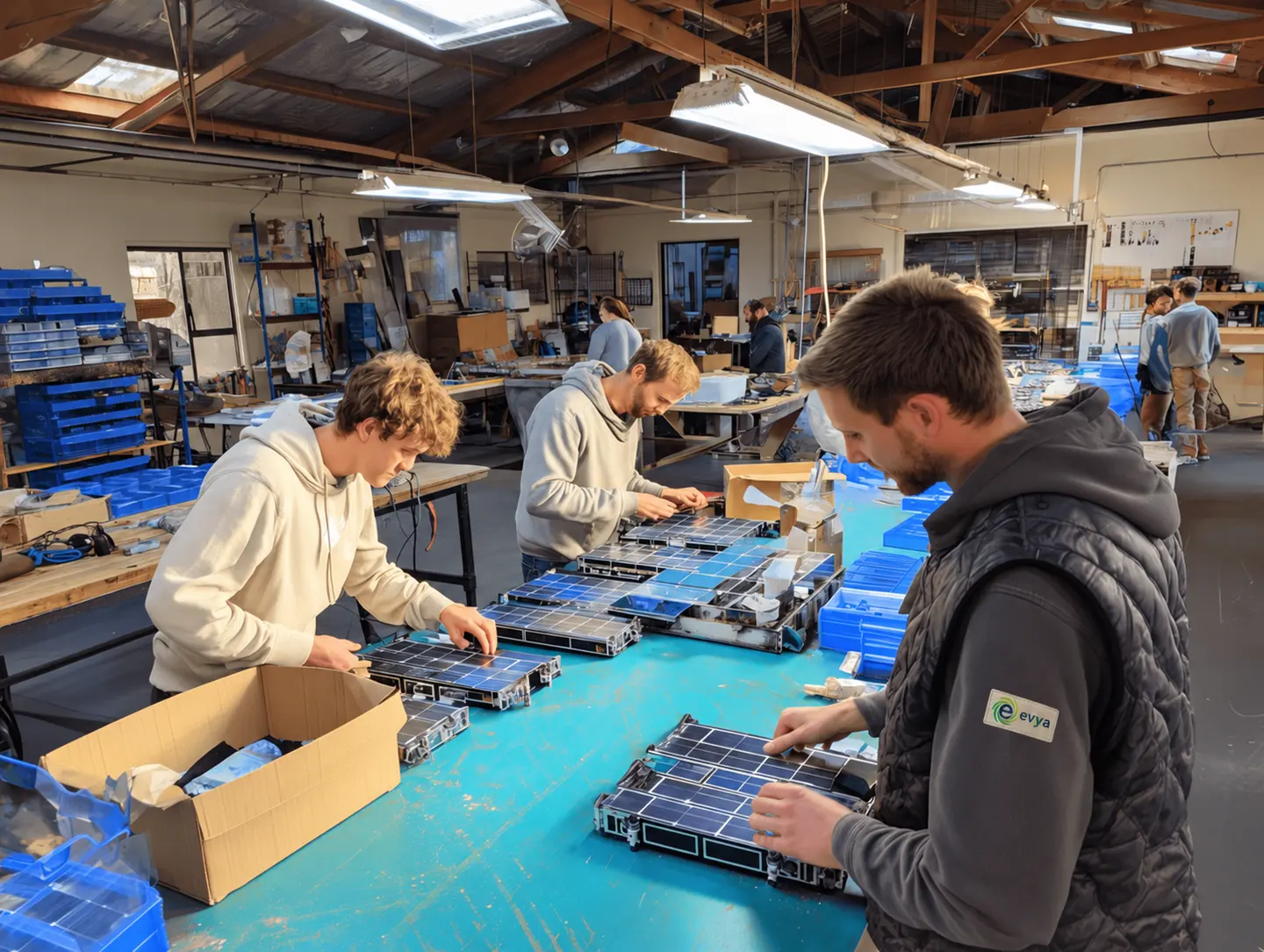 Il team EVYA al lavoro in laboratorio sull'assemblaggio dei moduli